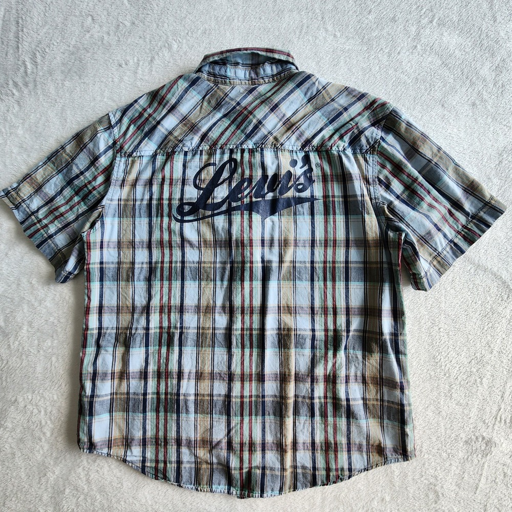 Levi's Plaid Shirt Youth Large 16 18 Short Sleeve Big Logo Button Check Tartan